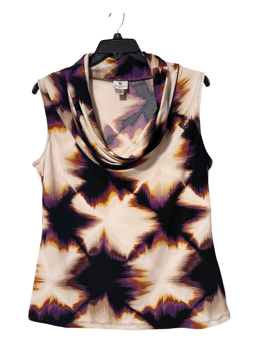 Worthington Sleeveless Cowl Neck Top - Purple, Cream & Black Abstract Print